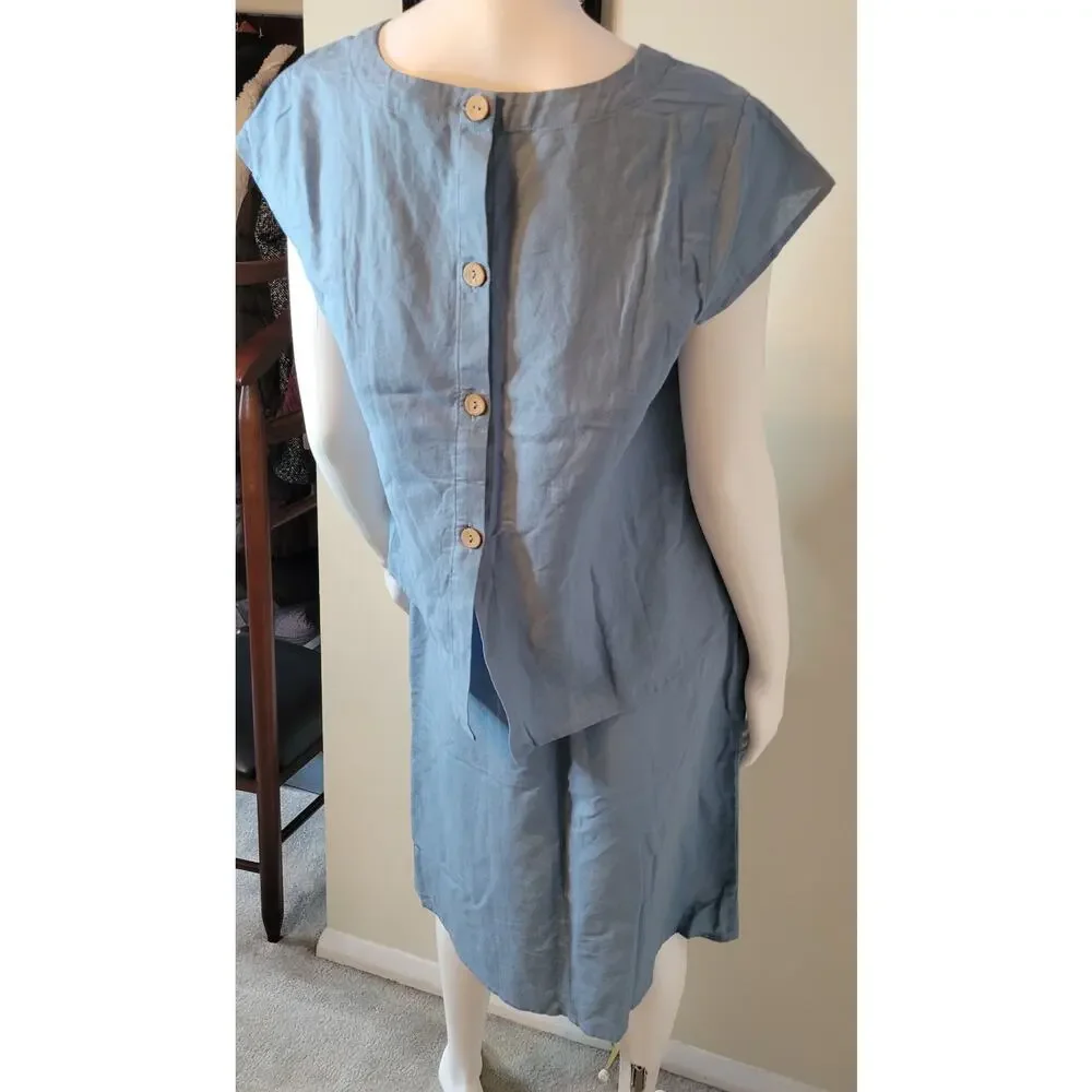 Grae Cove 55% Linen 45% Cotton Blend Powder Blue Skirt Set Back Button Size S